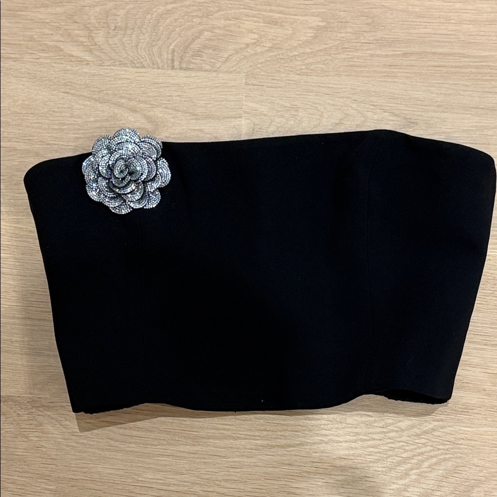 Amanda Uprichard Black Strapless Top with Silver Floral Detail